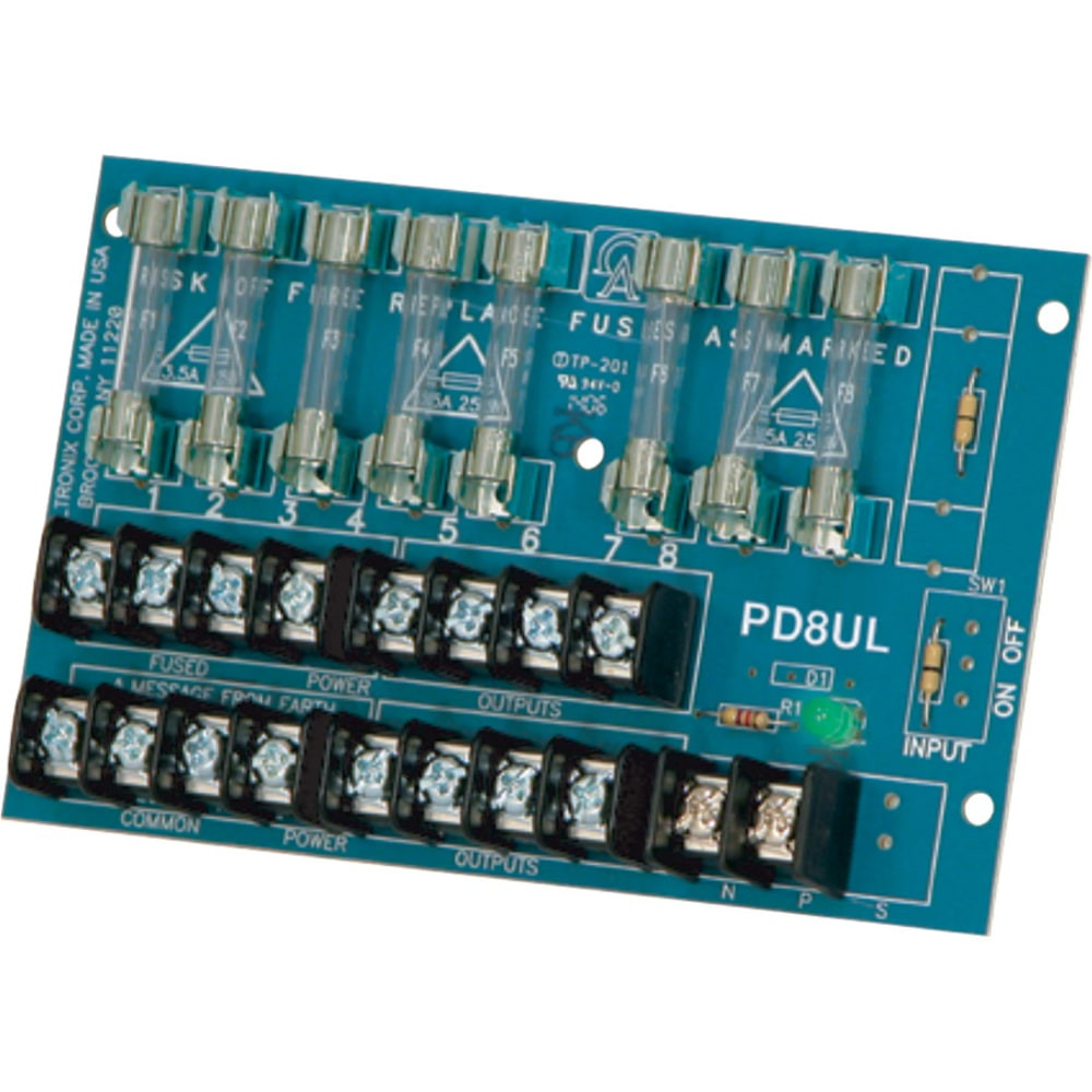 Converts AC or DC power input (28V @ 14A max.) into eight (8) fused power outputs.  UL and cUL listed.  8 Output Power Distribution Module.