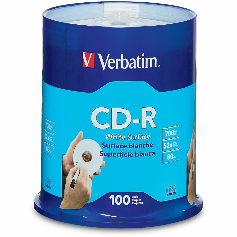 VERBATIM AMERICAS LLC 94712 Verbatim 52X CD-R Discs With Blank White Surface, 700MB/80 Minutes, Pack Of 100