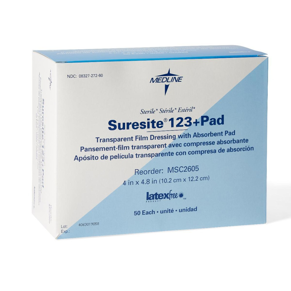 MEDLINE INDUSTRIES, INC. MSC2605Z Medline Suresite 123+Pad Transparent Dressings, 4in x 4 13/16in, Clear, Pack Of 50