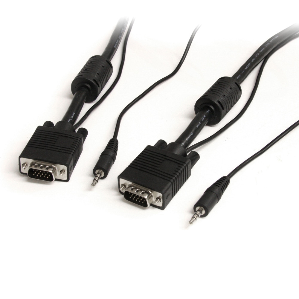 This 15ft High Resolution VGA Monitor Cable with Audio is a high quality SVGA cable designed to provide the highest video quality possible through VGA - a single cable solution for making both video and audio connections between a sound card and external audio device, as well as a VGA video card and monitor. StarTech.com's high resolution VGA cable with audio features high quality male-to-male coaxial VGA cable, and is designed to eliminate picture "ghosting" and fuzzy images that are inherent to non-coaxial cables, while providing superior EMI interference protection by using ferrite cores near the connector ends.