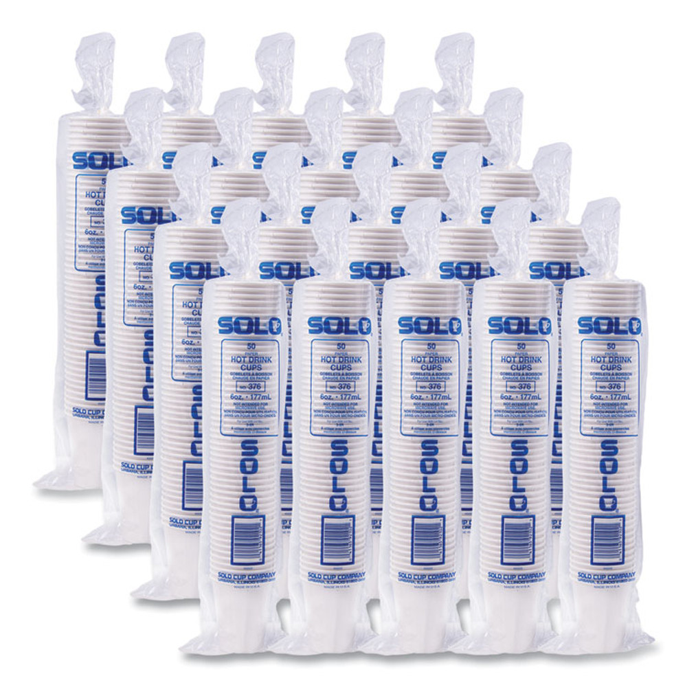 DART SOLO® 376W Single-Sided Poly Paper Hot Cups, 6 oz, White, 50/Pack, 20 Packs/Carton