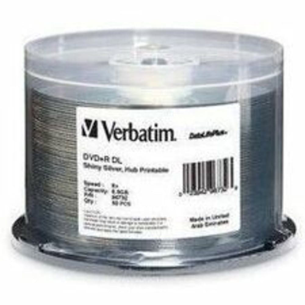 VERBATIM AMERICAS LLC 96732 Verbatim DVD+R DL 8.5GB 8X DataLifePlus Shiny Silver Silk Screen Printable - 50pk Spindle - 8.5GB - 120mm Standard - 50 Pack Spindle
