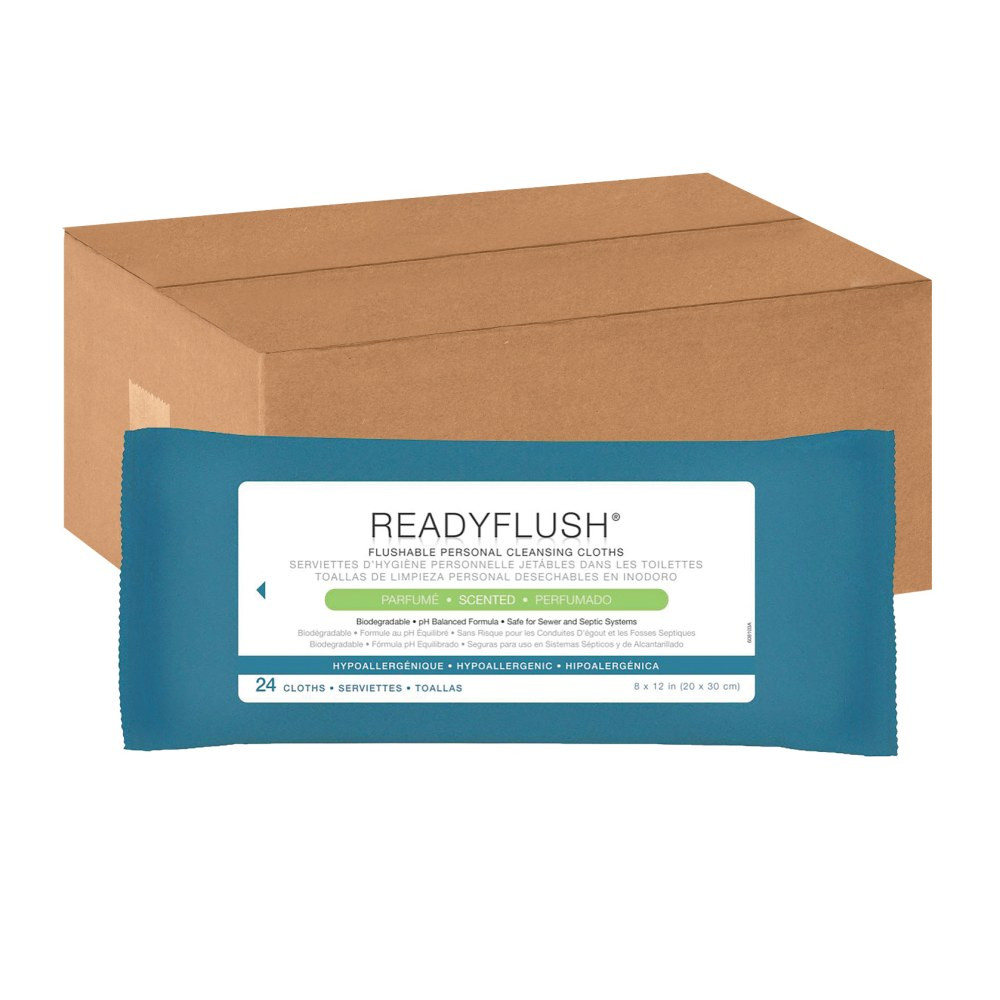 MEDLINE INDUSTRIES, INC. MSC263810 ReadyFlush Flushable Wipes, Scented, 8in x 12in, White, 24 Wipes Per Pack, Case Of 24 Packs