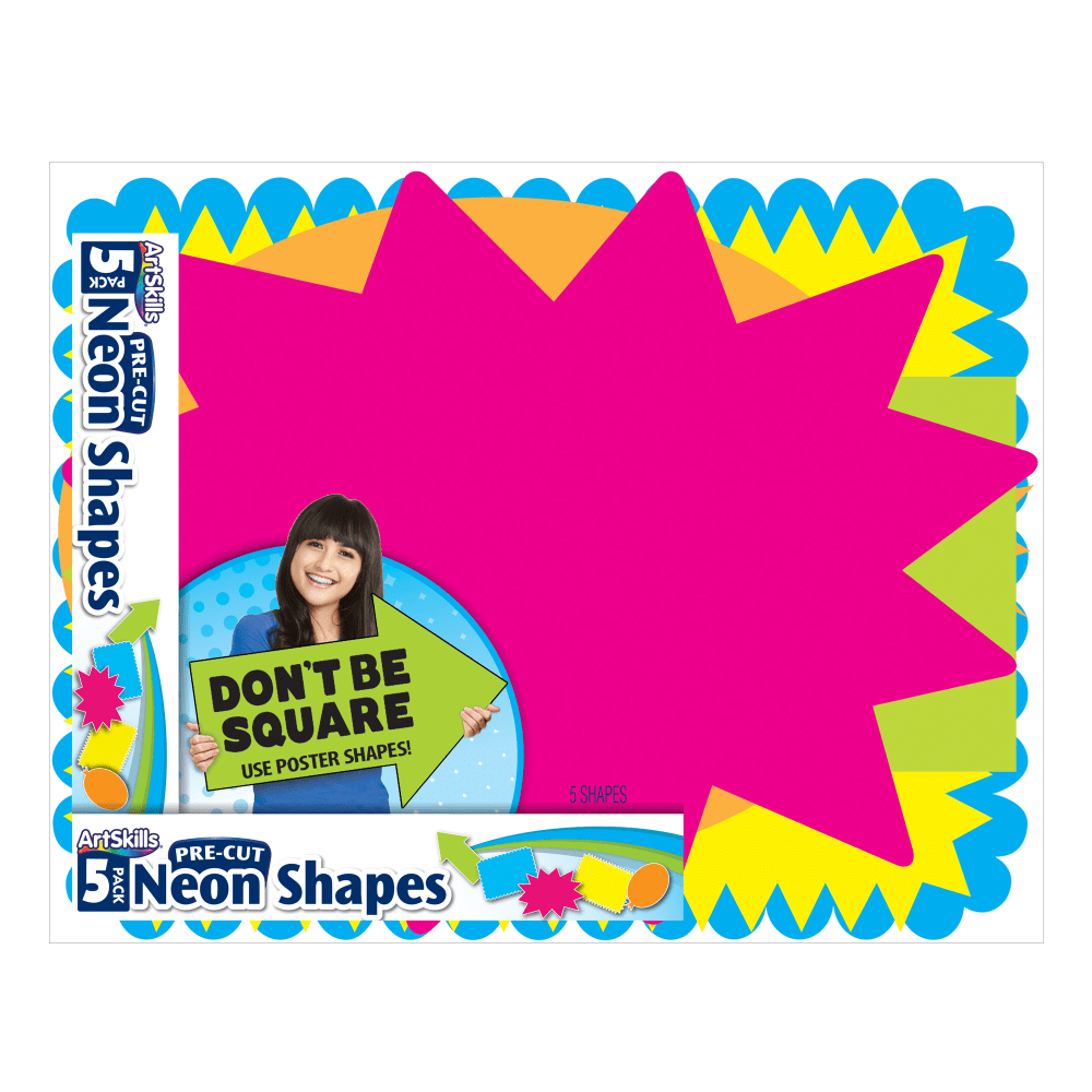A great addition to any poster board project!  Includes 5 pre-cut shapes in hot neon colors. Balloon, arrow, scalloped edge, zig-zag edge and burst.  Can be used for sporting events, parties, yard sales and school projects.