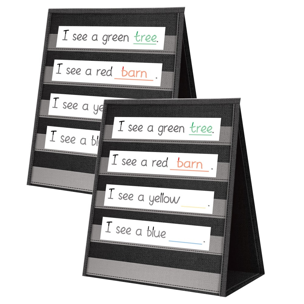 Set up your classroom with the Teacher Created Resources Desktop Pocket Charts. Each chart features 5 transparent pockets per side for stashing items such as dry-erase strips, index cards, sentence strips, word cards, photos and more. The charts also fold flat for convenient storage.  5 transparent pockets per side stash dry-erase strips, index cards, sentence strips, word cards, photos and more.  Folds flat for easy storage.  Includes 1 pocket charts and 20 double-sided dry-erase strips per set.