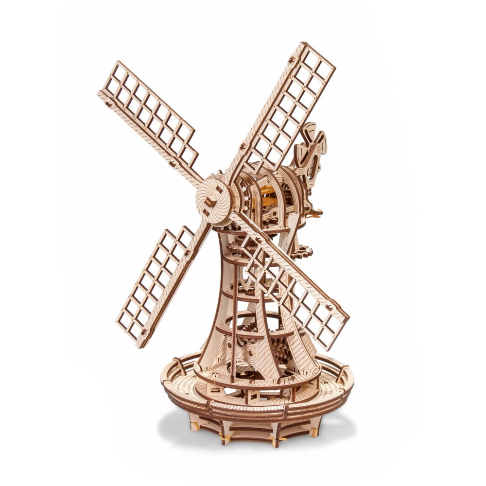 Learn how windmills work with the EWA Eco-Wood-Art Windmill Construction Kit. This kit includes gears and sails that function with a wind-up rubber band, and it has an open view, so you can add a personal touch.  Gears and sails work together with a wind-up rubber band, displaying how windmills work.  Open view allows for personalization.  Made of durable wood.  Includes instructions for easy assembly.