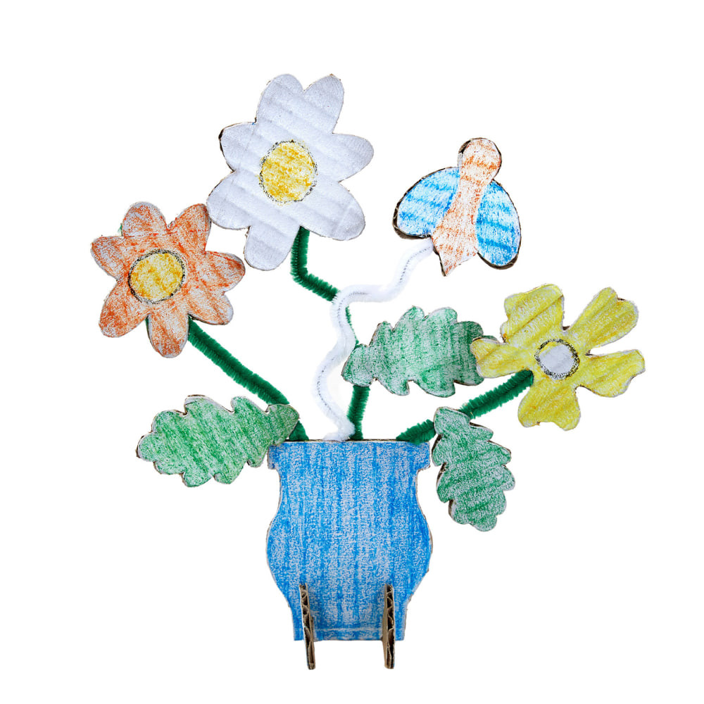 Let your imagination blossom and create a beautiful garden scene with ease! Crafted from recycled corrugated panels, each set features three charming flowers, delicate leaves, a quaint pot, and a delightful cutout of a bird or adorable bug.  Dive into the artistic process with paint, crayons, and pastels, adding your personal touch to each piece.  With the addition of chenille sticks, effortlessly thread the pieces into the base, ready to proudly display your garden creation.  Each recycled corrugated panels comes with three flowers and leaves, a pot and a special cut out of a bird or adorable bug.  Decorate with paint, crayon and pastels.  Add chenille sticks to thread the pieces into the base and display.  Includes: 20 projects, 5 designs, up to 8 x 8? (20 x 20 cm) when assembled.