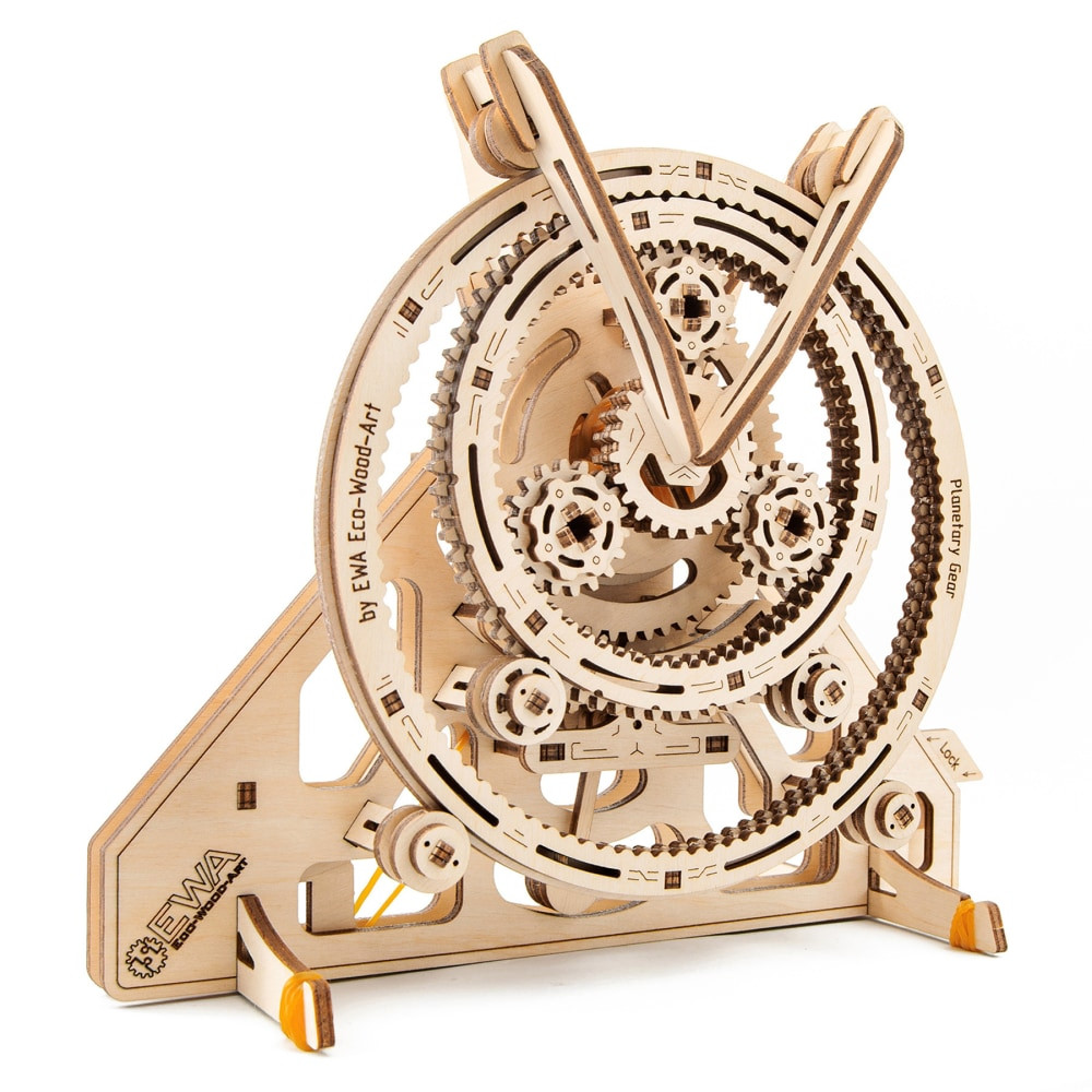 Explore the fascinating world of gears with our mechanical educational kit! This tabletop model showcases an epicyclic gear train, also known as planetary gears, which are commonly used in speed reducers to slow down motors and increase torque.  Perfect for teaching students about the inner workings of mechanical pencil sharpeners, this kit is an ideal STEAM project that will engage and educate young minds.  Get ready to assemble and learn how gears work in a fun and interactive way!  STEM model to assemble and customize at school or home.  Made of plywood.  No messy glue required.  Clear colorful step-by-step assembly instructions.  Model includes candle wax for gears, sand paper and rubber bands (not all kits, included when relevant). Very sturdy construction.  Very high precision laser-cut plywood with amazing details.  All inclusive boxes, self assembly.