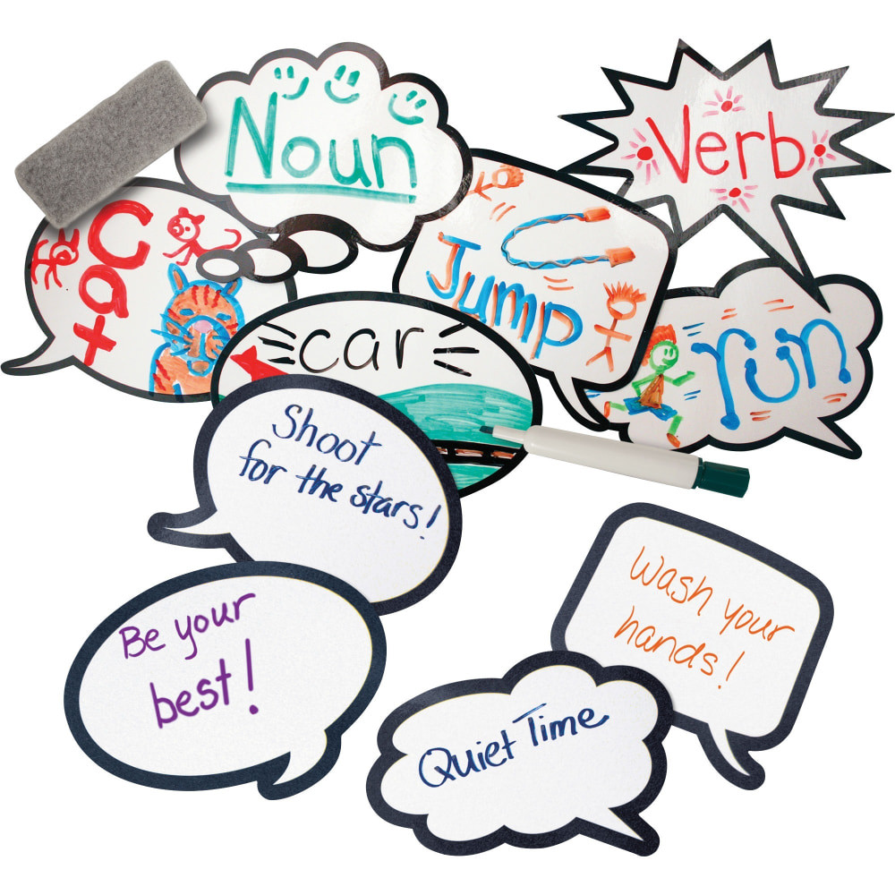 Oversized dry-erase speech bubbles in six designs get the message across. Introduce the concept of quotation marks in writing.  Use them on bulletin boards to draw attention to and highlight aspects of your display.  Speech bubbles are great for teaching younger students how to structure quotes and sentences.  Made from heavy-duty card stock and laminated.  Includes 12 Dry Erase Speech Bubbles in 6 designs, 8in (20 cm), and a teaching guide.