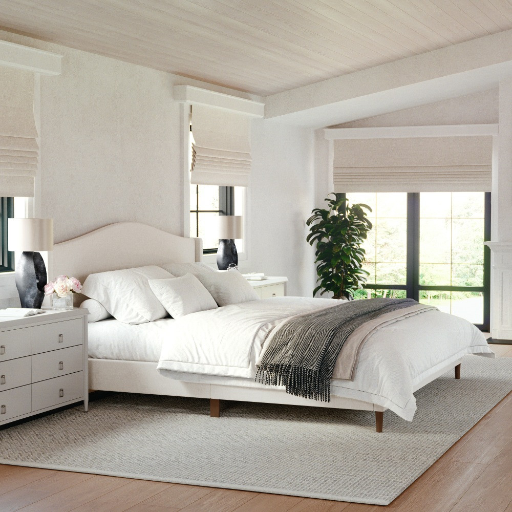 FLASH FURNITURE TW3WDB02KBG Martha Stewart Amelia Upholstered Platform Bed with Curved Headboard and Cushioned Siderails, Wood Slat Foundation with No Box Spring Needed, Beige Fabric/Walnut Legs, King