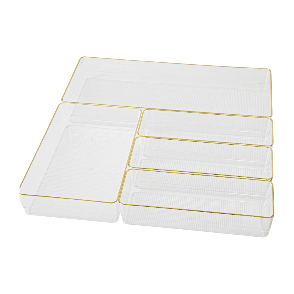 FLASH FURNITURE BEPB9085G5CGD Martha Stewart Kerry Plastic Stackable Office Desk Drawer 5-Piece Organizer Set, Clear/Gold Trim
