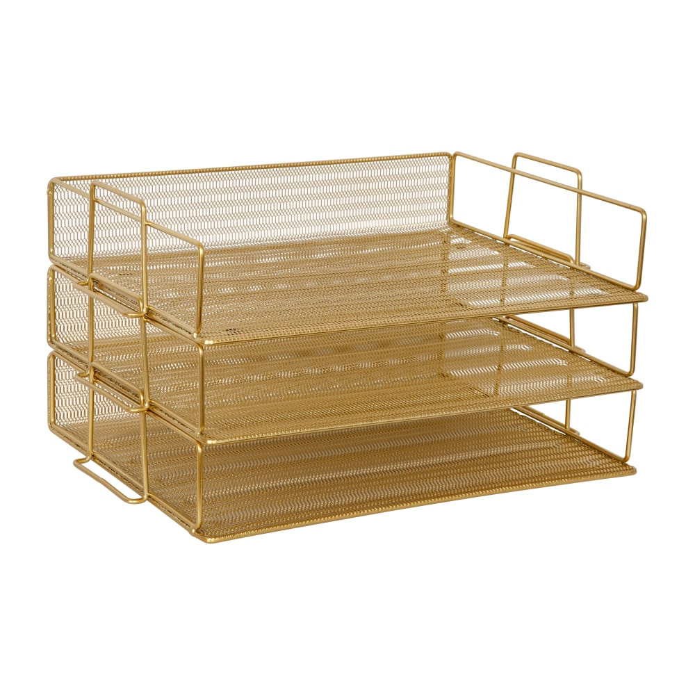 FLASH FURNITURE HHOHD013GLD Martha Stewart Ryder 3-Tier Stackable Steel Mesh Desk Letter Tray Organizer, 7-3/4inH x 14-1/2inW x 10-1/2inD, Gold