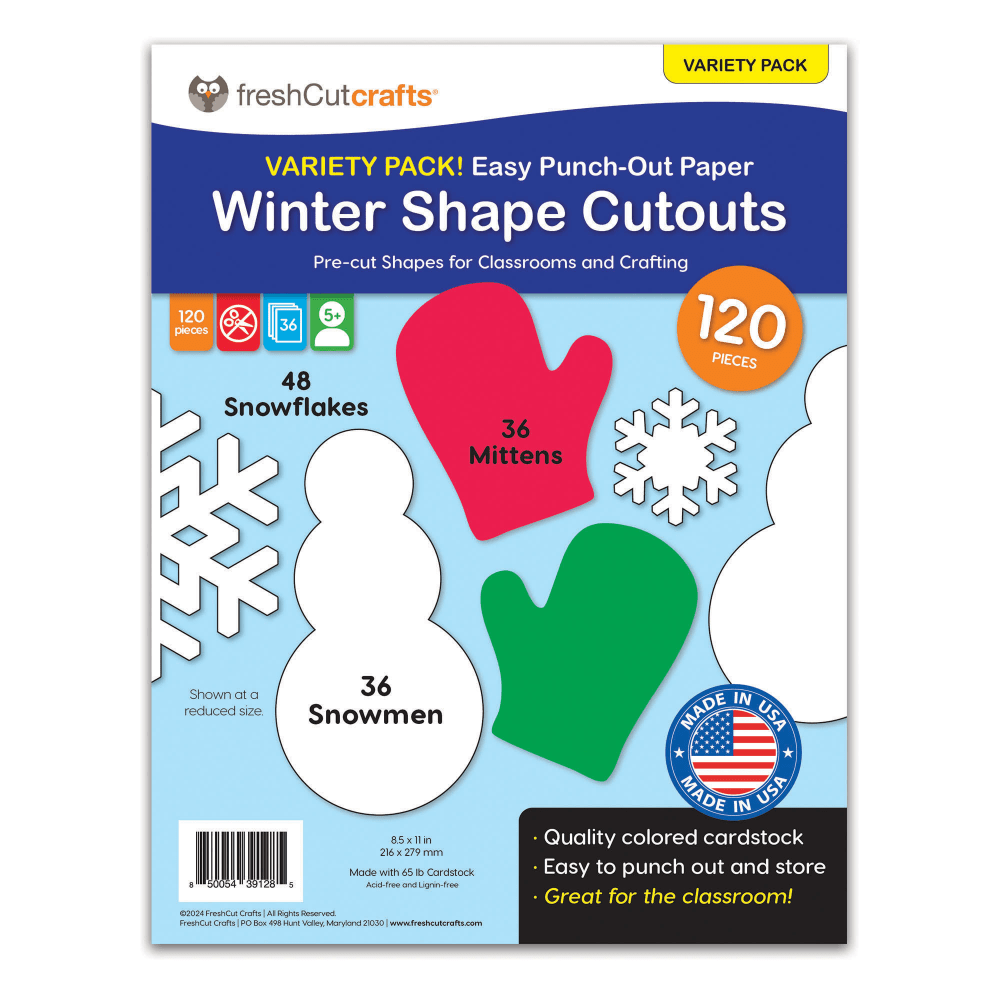 FRESHCUT CRAFTS FCC850054391285  Punch Out Paper Cutouts, Winter Shapes, Snowflakes, Mittens & Snowman, 120 Pieces