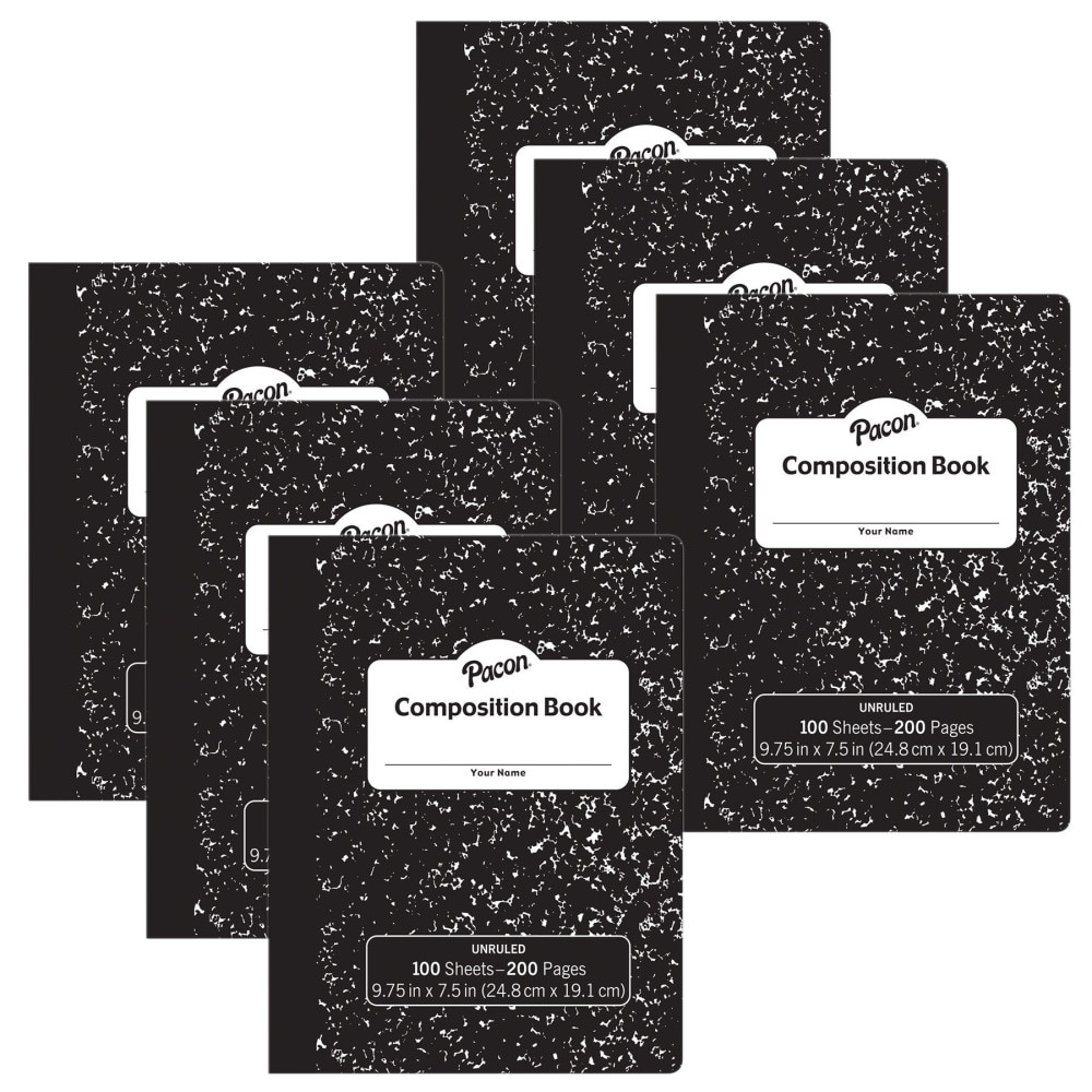 EDUCATORS RESOURCE PACMMK37145-6 Pacon Composition Books, Unruled 9-3/4in x 7-1/2in, Black Marble, 100 Sheets, Pack Of 6 Books
