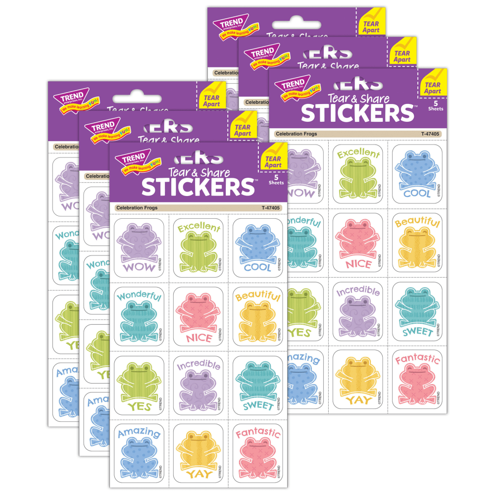 Share with friends or reward for good behavior with the Trend Tear & Share Stickers. These stickers have a self-adhesive design for secure placement, and they're perforated for easy tearing.  Perforations allow for easy tearing.  Self-adhesive design offers secure placement.  Frog designs provide a fun look.