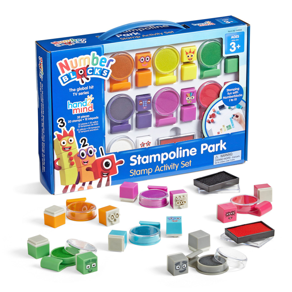 Create your own Numberblocks Stampoline Park adventures with this fun and reusable activity set! Inspired by the popular episode of the global hit TV series, Numberblocks, this set lets kids stamp their favorite characters from One to Ten while engaging in imaginative and educational play. With washable ink and reusable stamps, the fun never ends!  Includes 20 stamps: one face and one black square for each Numberblock from 1 to 10  Comes with 12 ink pads, featuring 10 unique Numberblocks colors and 2 large pads for facial features  Stamps use completely washable ink for worry-free fun  Perfect for preschoolers transitioning to kindergarten  Encourages creativity and early math skills through interactive play  Based on the Numberblocks TV series, available on Netflix and YouTube