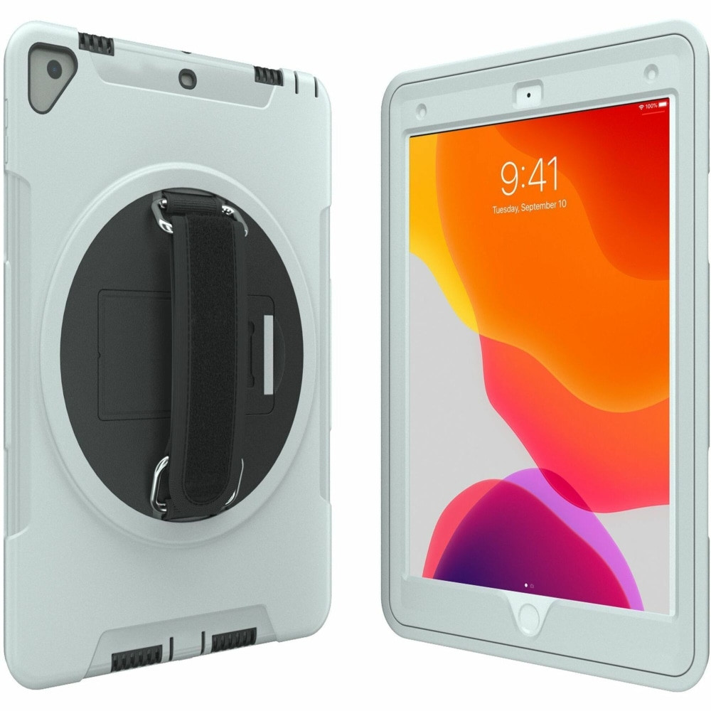 CTA DIGITAL PAD-PCGK10W  Protective Case with Build in 360 deg. Rotatable Grip Kickstand for iPad 7th/ 8th/ 9th Gen 10.2, iPad Air 3, iPad Pro 10.5, White - Impact Resistant, Drop Resistant - Silicone Body - Hand Strap - 10.3in Height x 7.3in Width x