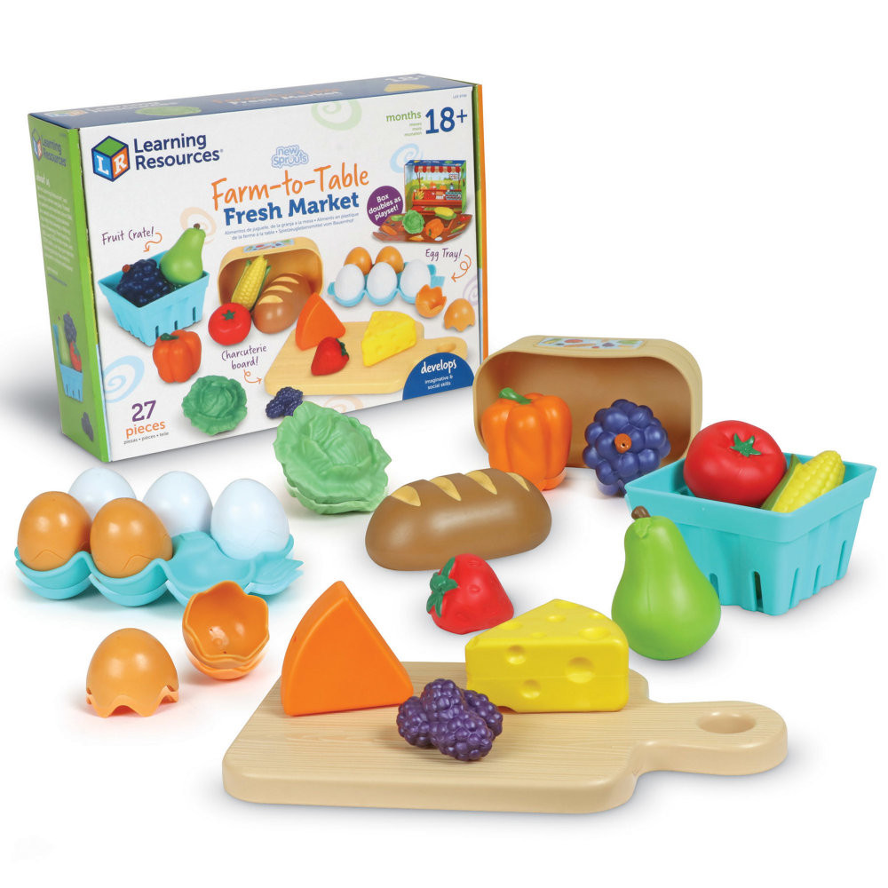Discover a fresh take on play food with the New Sprouts Farm-to-Table Fresh Market set! This 27-piece collection includes everything kids need for pretend feasts and grocery store play, featuring realistic food items like crackable eggs, a charcuterie board, and more. Perfectly sized for little hands, this durable set encourages imaginative play and strengthens social and vocabulary skills.  Crackable eggs and trendy accessories like a charcuterie board make pretend play more fun  Sized just right for little hands, made from durable, wipe-clean plastic  Ideal for pretend play in kitchens or grocery stores  Great addition to any play kitchen or classroom setup  Helps strengthen social skills, vocabulary, and imagination  Perfect for children aged 3 and up  Contents include 1 Charcuterie Board, 1 Fruit Crate, 1 basket, 1 Egg Tray, 6 Two-Piece Eggs (3 brown, 3 white), and 11 Play Food Pieces.