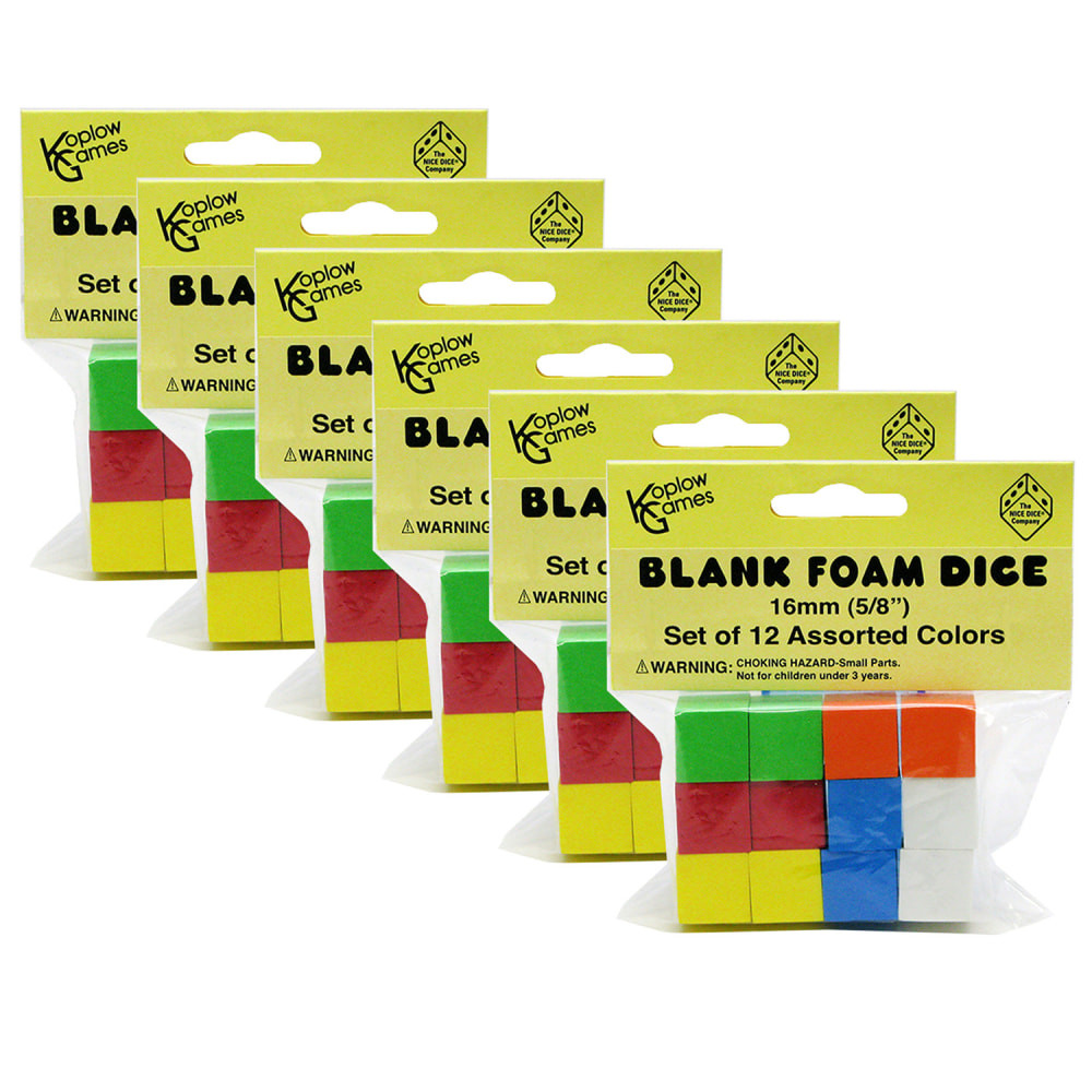 Roll out the fun with these Foam Dice. Great for board games, educational games, birthday parties and plenty more.  Use for your own math games to teach addition, subtraction, number recognition, multiplication and division.  Dice measure 16mm (5/8in).  Each pack includes 12 dice, 2 each of colors blue, green, orange, red, white and yellow.  Sold as 6 packs for a total of 72 blank dice.