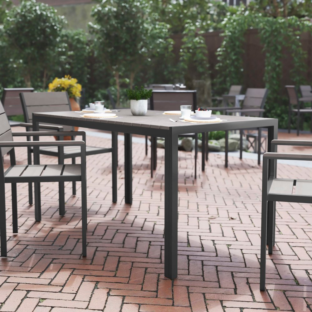 FLASH FURNITURE SBTB269GRY  Finch Commercial-Grade Faux Teak Poly/Metal Outdoor Furniture Dining Table, 28-3/4inH x 31-1/2inW x 55inD, Gray