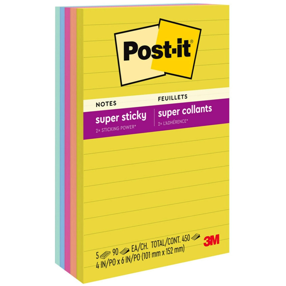 3M CO 660-5SSJOY Post-it Super Sticky Notes, 5 Pads, 4 in x 6 in, 2x the Sticking Power, School Supplies and Office Products, Sticky Notes for Vertical Surfaces, Monitors, Walls and Windows, Summer Joy Collection
