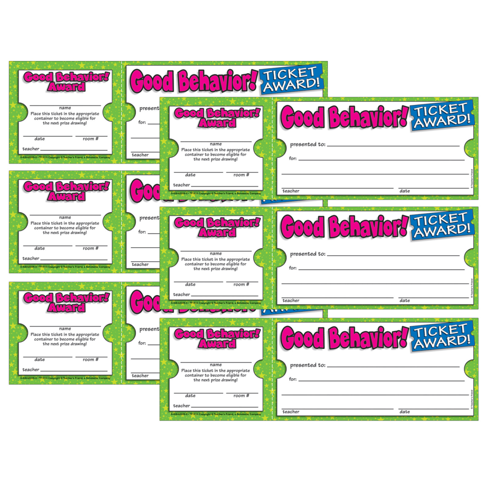 These clever Ticket Awards are padded for easy use. Each award is perforated into two parts.  One part is filled out by the teacher and the student takes it home to show parents.  The second part is signed by the student and placed in a container for a chance of a prize in a classroom or school-wide drawing!  A wonderful way to give positive reinforcement!  These clever Ticket Awards are padded for easy use.  Each ticket measures 8-1/2in x 2-3/4in.  Each pack includes 100 awards. Sold as 6 packs for a total of 600 awards.