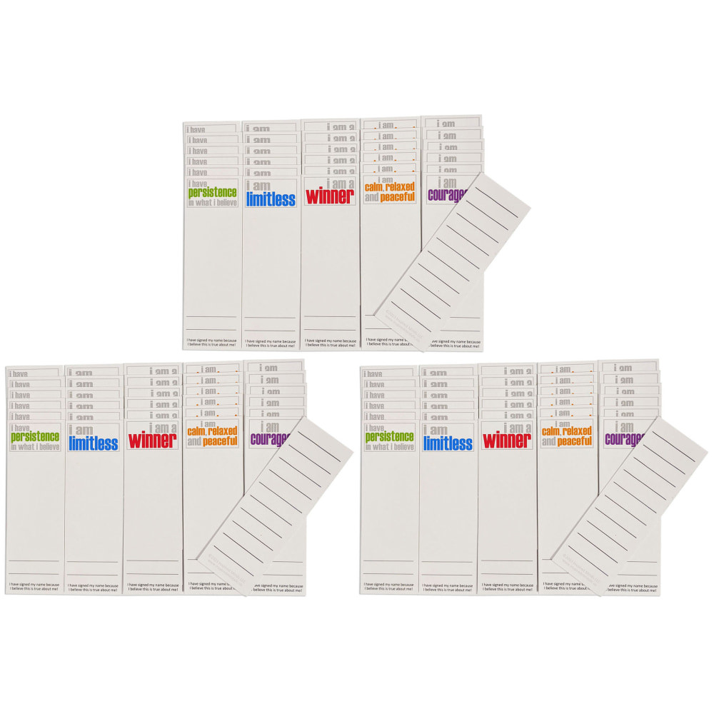 Inspired Minds Page Keepers Bookmarks Sets feature statements intentionally printed simple, yet colorful, to offer an impactful and creative way to help gain encouragement and build character to last a lifetime.  These page keepers not only work as a daily reminder, but can be signed to take ownership of believing in yourself!  Because these are uncoated, with the blank space in the front and lines on the reverse side, there are unlimited uses.  Draw, color, add pictures, list books, friends, story content or favorite characters, record reading time, and the list goes on!  Laminate to use as a keepsake.  Page keepers measure 2in x 6in.  Each set has 6 each of the 5 titles that match all Hopefulness Booster Sets. Sold as 3 sets for a total of 90 page keepers.