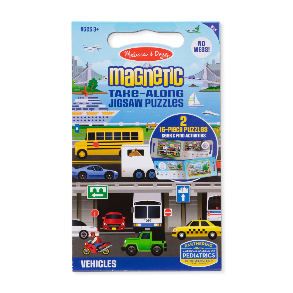 This portable play set features two 15-piece magnetic puzzles with exciting vehicle scenes, perfect for on-the-go fun. The compact, fold-out format includes a built-in carrying handle, and shape-coded pieces make sorting a breeze. The puzzle pieces cling to the inside surfaces to minimize mess, and the included seek-and-find activities offer an extra challenge once the puzzles are completed.  Two 15-piece vehicle-themed magnetic jigsaw puzzles in a compact, fold-out format  Magnetic puzzle pieces cling to the inside surfaces to minimize mess  Carrying handle makes it a perfect travel activity  Pieces are shape-coded on the back for easy sorting  Includes reference picture and seek-and-find activities for both puzzles  Makes a great gift for preschoolers, ages 3 to 5, for hands-on, screen-free play  Ages 3+