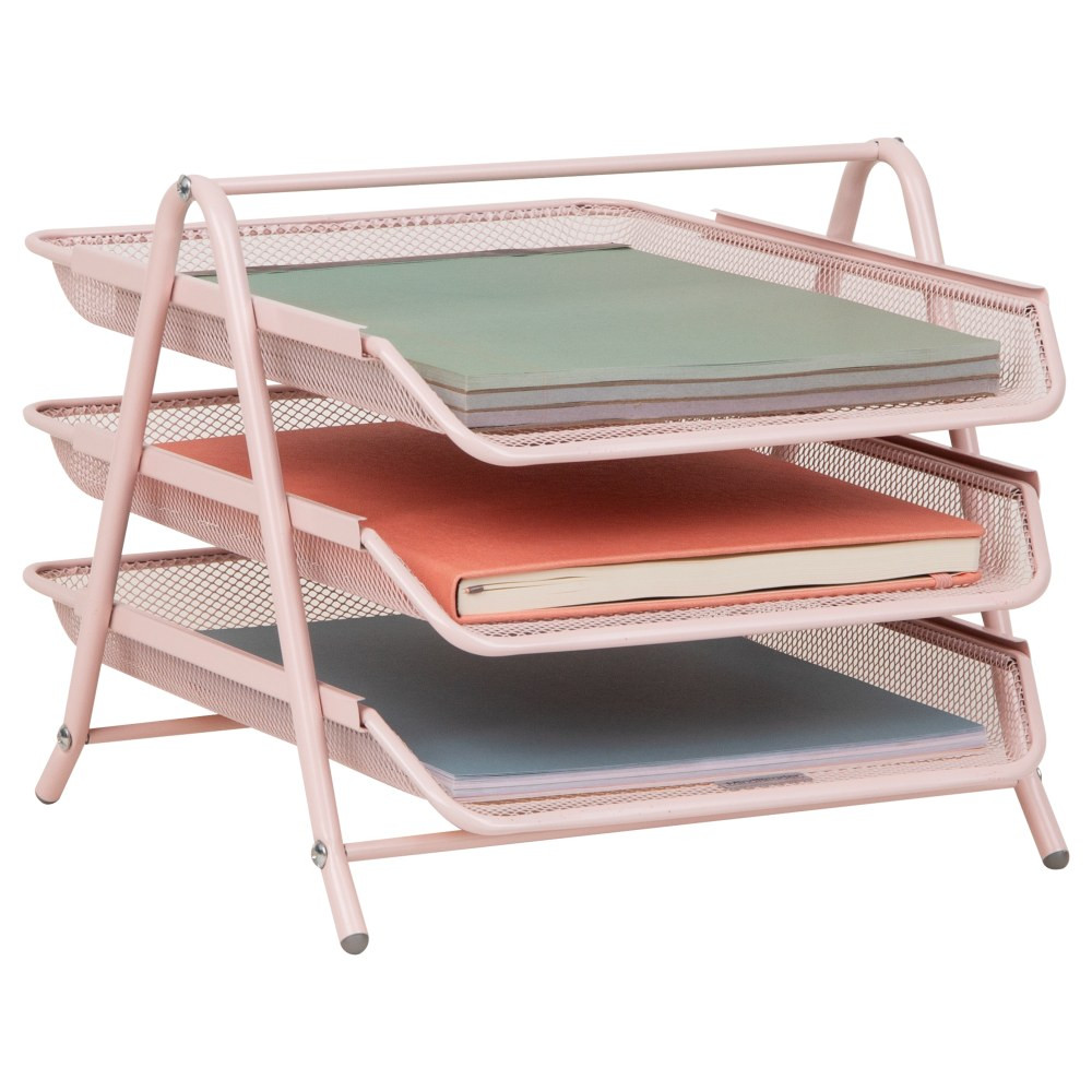 EMS MIND READER LLC 3TPAPER-PNK Mind Reader 3-Tier Paper Tray Desktop Organizer File Storage, 10inH x 13-3/4inW x 11-3/4inD, Pink