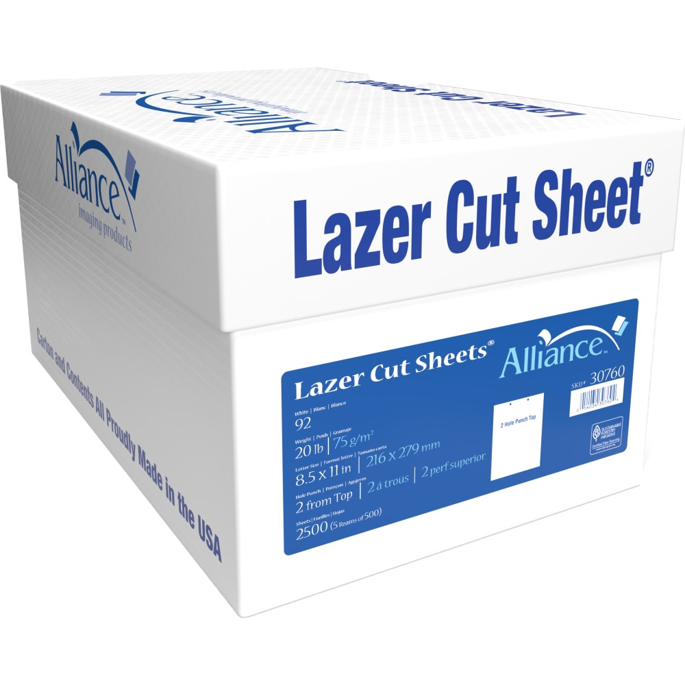 Create high-quality charts and forms for your company with Alliance Processed Lazer Cut Sheet Copy Paper. Sheets are 2-hole punched at the top for efficient filing.  Durable 20 lb paper with 92+ brightness for high-quality results.  Sheets are 2-hole punched at the top.  ideal for medical/patient charts and legal forms for hospitals, print shops, insurance companies, banks and more.  Suitable for high speed copiers, laser printers, inkjet printers and offset processes.  Includes a carton of 5 reams.
