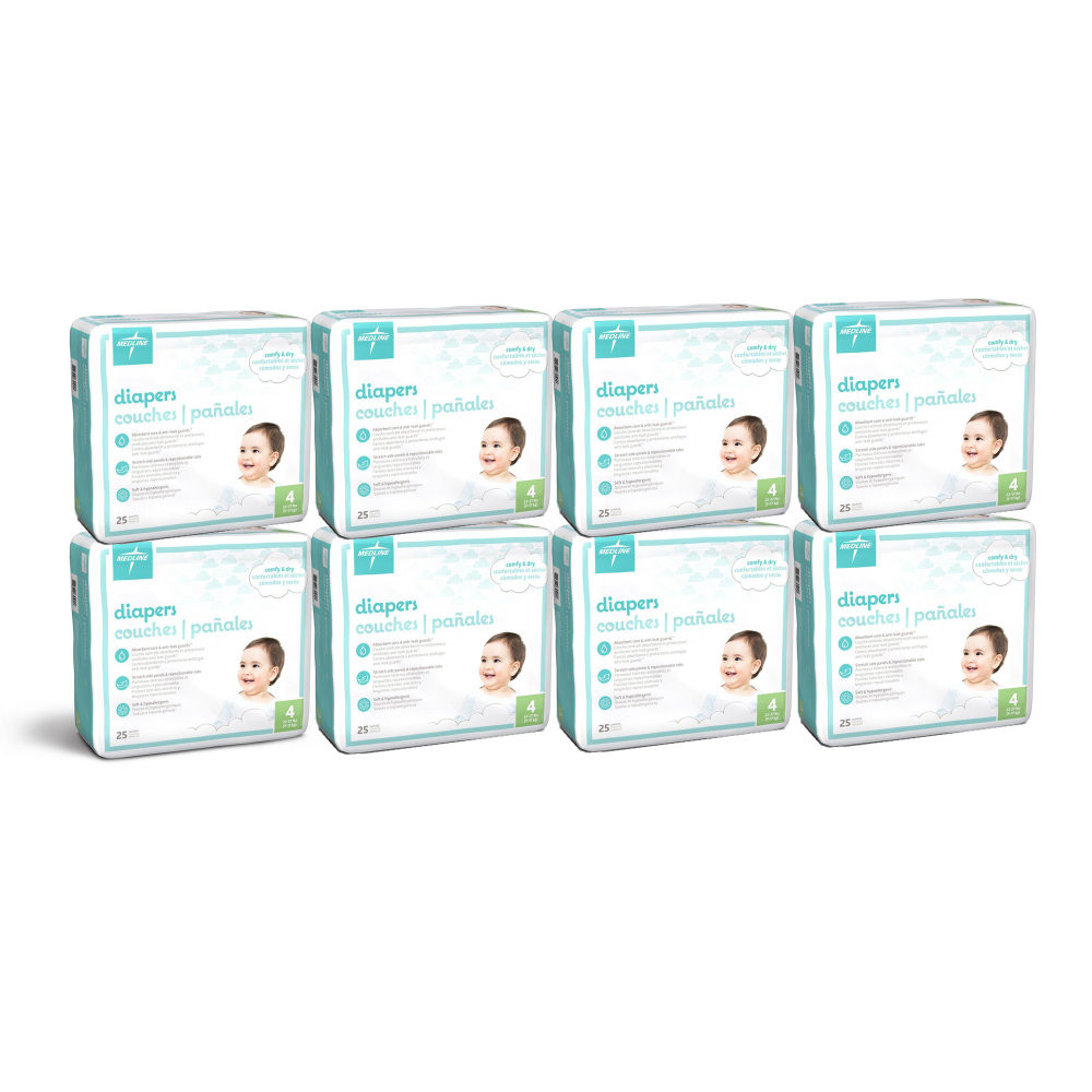 MEDLINE INDUSTRIES, INC. MBD3004 Medline KinderCare Disposable Baby Diapers, Size 4, 22-37 Lb, White, 25 Diapers Per Pack, Case Of 8 Packs
