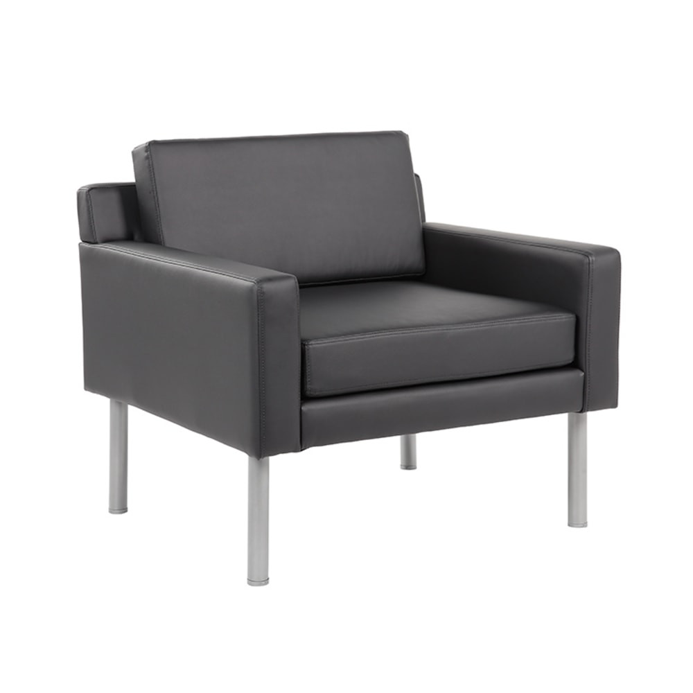 Invite a visitor to sit in your living space or office area with this cushioned chair. The guests chair offers fixed box arms and sleek steel legs for a bold look. The vinyl-upholstered chair provides a soft feel and fends off bacteria.  Overall dimensions: 31inH x 32-1/2inW x 30-1/2inD.  Weight capacity tested to support 275 lb.  Soft-touch vinyl upholstery with antimicrobial properties. Thick cushioning.  Fixed box arms.  Steel legs with plastic levelers.  Assembly required.  Backed by the manufacturers 6-year limited warranty.  Antimicrobial is an agent that kills microorganisms or stops their growth.