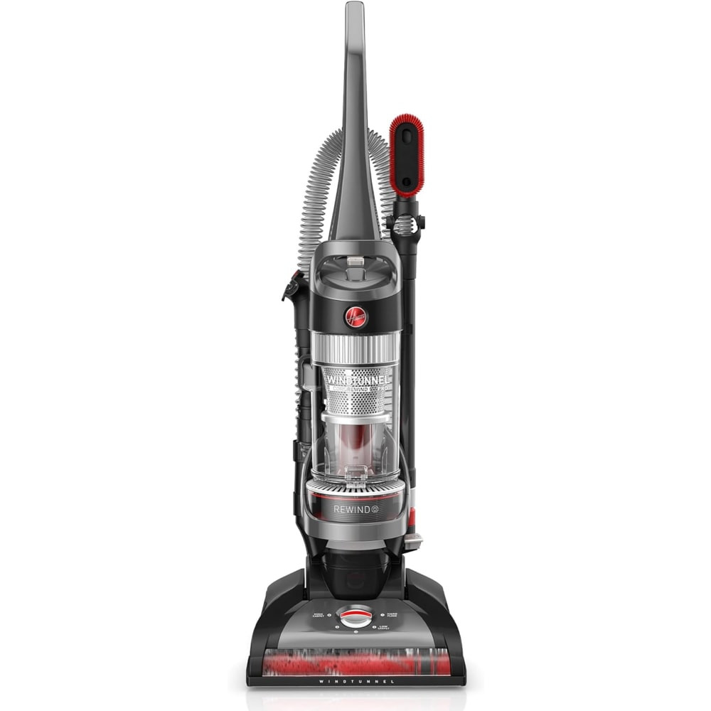 Clean the home from top to bottom with this Hoover WindTunnel Cord Rewind Pro HEPA Bagless Upright Vacuum Cleaner. It features 5 height adjustment levels to clean various types of bare floors and carpets effectively. The 25ft cord retracts in seconds with the push of a button to prevent cord wrapping.  Features 5 height adjustment levels for various floor and carpet types.  WindTunnel technology provides powerful, long-lasting suction.  Multi-Cyclonic filtration lifts and removes surface debris and embedded dirt.  Includes tools for corners, crevices, stairs and furniture.  Cleaning hose offers 10ft of reach to clean difficult areas.  Cord is 25ft long and retracts with the push of a button.  Backed by the manufacturers 2-year limited warranty.