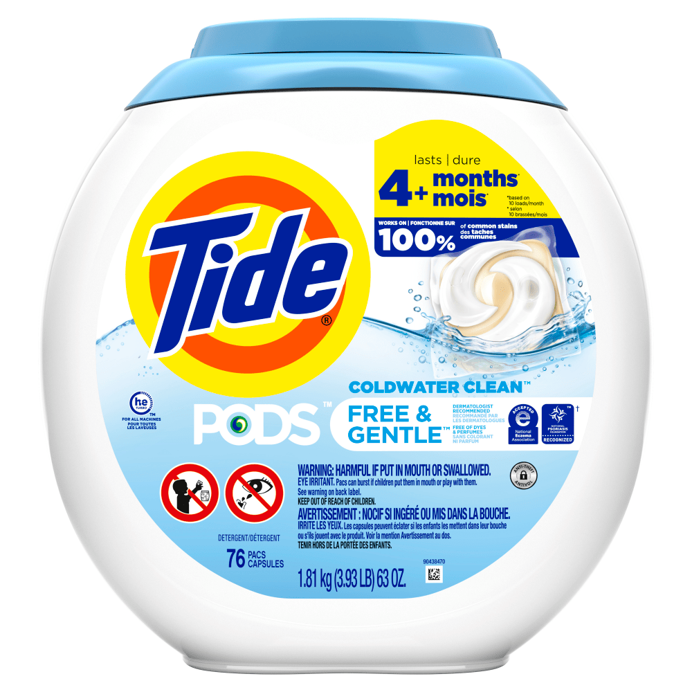 THE PROCTER & GAMBLE COMPANY 3077209488 Tide PODS Liquid Laundry Detergent Pacs, Free & Gentle, 63 Oz, Pack Of 76 Pods