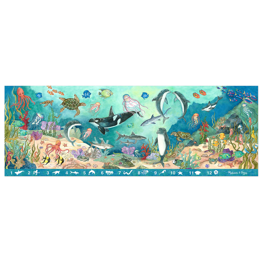 This extra-large search-and-find puzzle provides a fun activity both during and after assembly! With 48 sturdy cardboard pieces, kids can piece together a vibrant underwater scene filled with animals to spot and count. The visual picture list on the puzzle encourages counting games and picture-search activities, making it accessible without reading skills.  48 extra-thick cardboard pieces  Completed puzzle features a search-and-find activity  Extra-large size measures 50inL x 18inW  Ages 4+ years