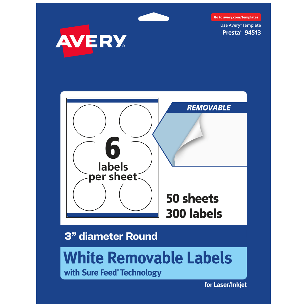 AVERY PRODUCTS CORPORATION 94513-RMP50 Avery Removable Labels With Sure Feed, 94513-RMP50, Round, 3in Diameter, White, Pack Of 300 Labels