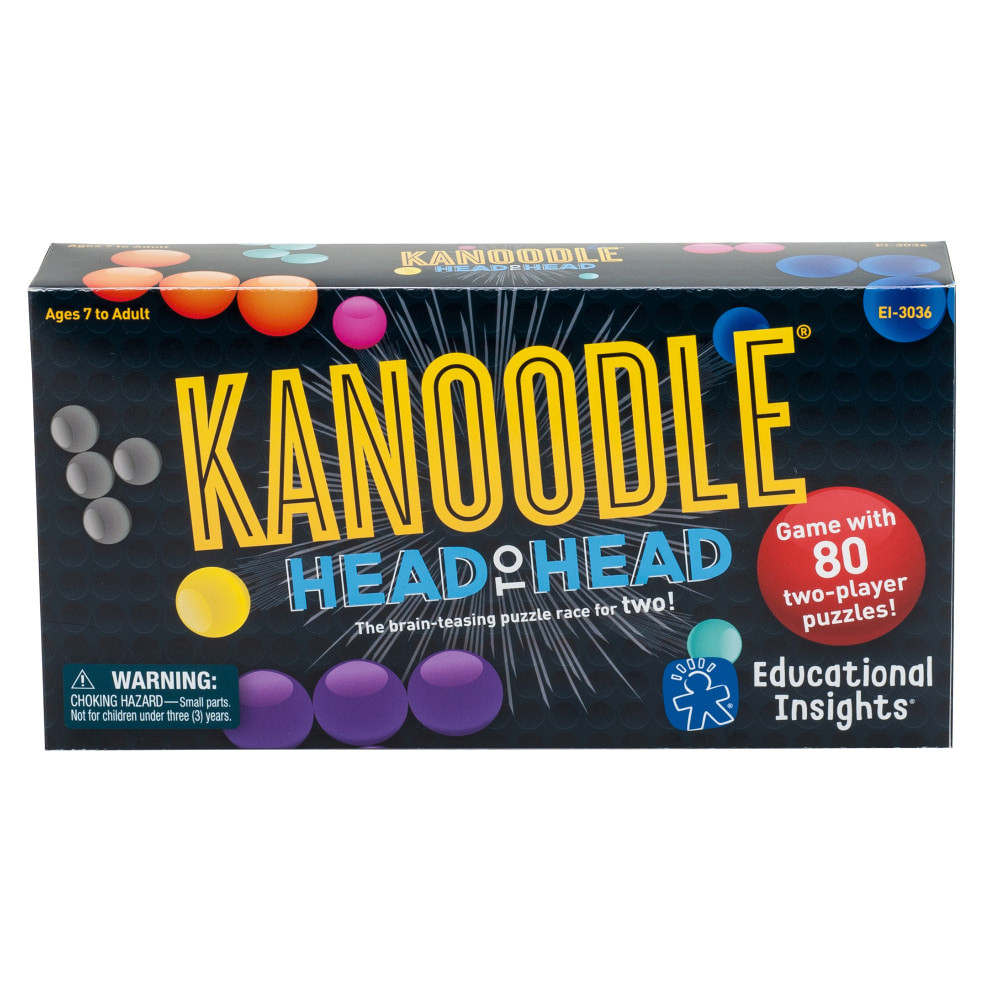 Put your puzzle-solving skills to the test with Kanoodle's two-player challenge! Race your opponent to complete a series of noodle-twisting puzzles, using your pieces to outsmart them and pop out their pieces before they can finish. With 80 challenges to tackle, this game promotes spatial reasoning and problem-solving skills while offering an exciting head-to-head competition.  Go head to head with friends in the first-ever Kanoodle puzzle challenge for two  Builds spatial reasoning and problem-solving skills  Includes 2-player puzzle board with lid, 16 pieces (8 for each player), 40 double-sided challenge cards (80 puzzles!), and game guide  Ages 7+