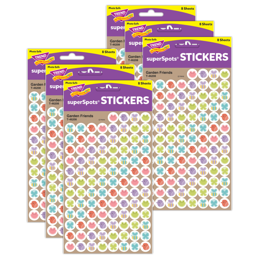 A cute and colorful way to highlight your students achievements  Use to spotlight good behavior, boost motivation and help reinforce good habits. Great for homework, charts and more.  Acid-free, nontoxic stickers are safe to use on photos.  Includes six 800-count packs Garden Friends Stickers.