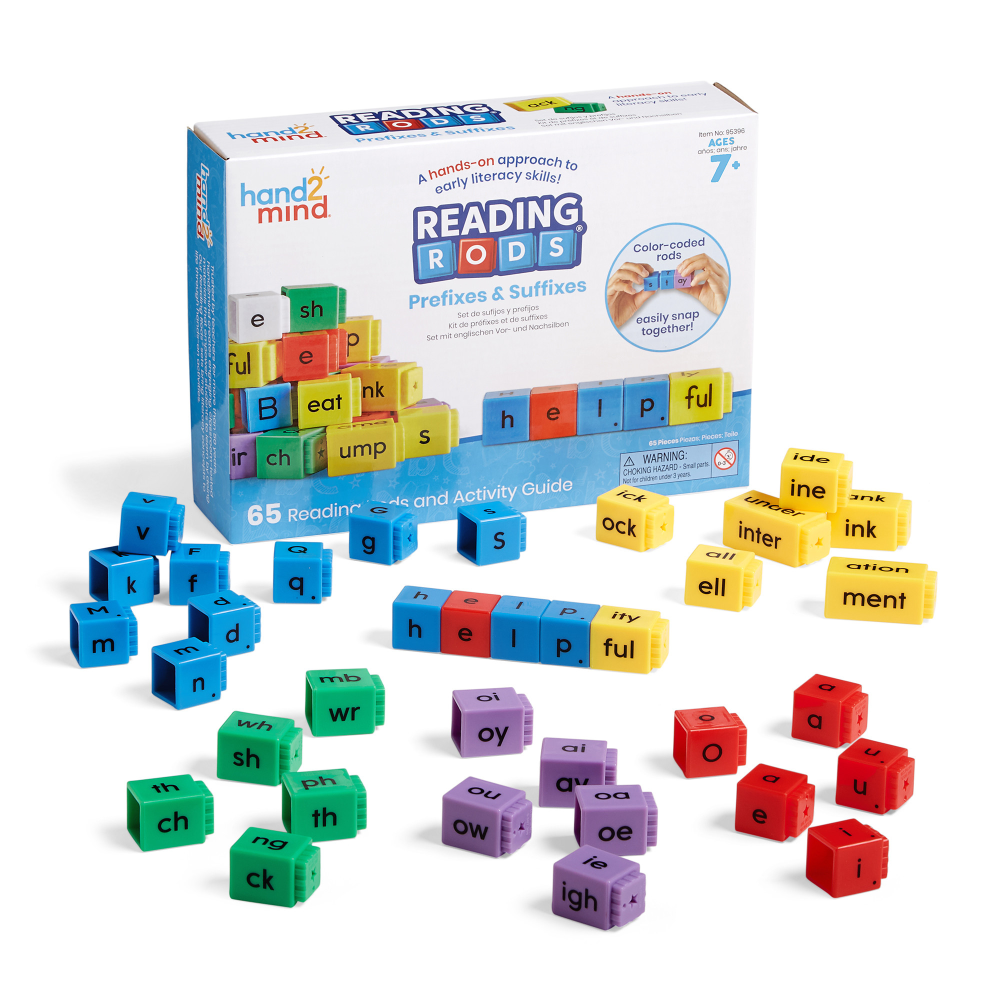 Enhance literacy with Root Words and Affixes Reading Rods, scientifically designed for multisensory learning. These tools help children master affixes, roots, and bases, enabling them to decode complex words while building foundational literacy skills. Each set includes 65 color-coded rods for hands-on practice.  Includes 65 color-coded rods with consonants, vowels, digraphs, vowel teams, word families, and affixes  Build decoding, word construction, and spelling skills through interactive play  Supports constructing CVC words and progressing to more complex vocabulary  Color-coded rods provide visual cues for Greek and Latin roots, prefixes, and suffixes  A hands-on approach to developing advanced literacy skills