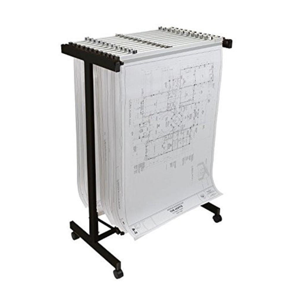 Organize blueprints, maps and plans in the Alpine AdirOffice Expandable Blueprint Mobile Plan Center. The center is made from heavy-gauge steel for lasting use, while the 4 swivel casters make it easy to move the center from one room to another. The top bracket offers quick access to important documents.  Made from heavy-gauge steel for durability.  Adjustable design fits up to 18 hanging clamps at a time. Fits 24in, 30in, 36in or 42in long.  Top bracket provides quick access to documents.  Four ball-bearing swivel casters offer convenient maneuverability.  Weight capacity tested to support 360 lb or 1,800 documents.  Assembly required.  Backed by the manufacturer's 1-year limited warranty.  This product is heavy and/or oversized and may need more than one person to handle.
