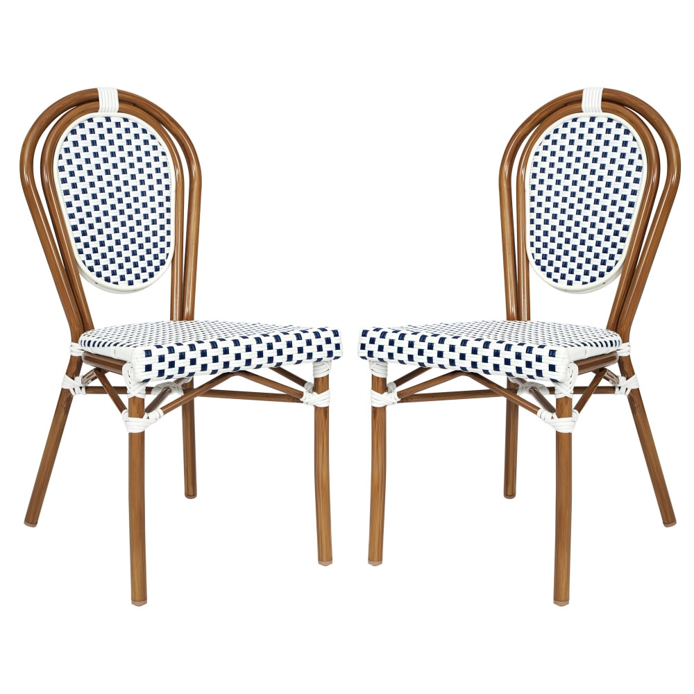 FLASH FURNITURE 2SDA6422SWNVN  2 Pack Lourdes Indoor/Outdoor Commercial Thonet Bistro Stacking Chair, PE Rattan and Aluminum Frame, White & Navy/Natural Frame