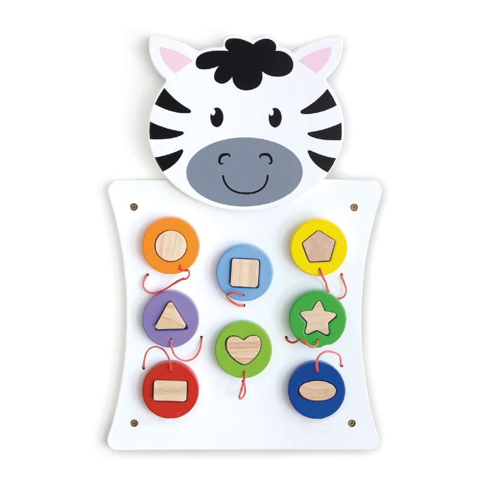 The Activity Wall Panel helps develop motor, collaborative play, communication, language and early math skills. This wall toy is easy to assemble and provides a clutter-free play area.  Its perfect decor for daycare centers, waiting rooms, classrooms and more!  The activity panel includes fixing holes and screws for attachment.  The Zebra Activity Wall Panel contains 8 hardwood, geometric shapes which nest within their corresponding brightly colored circular cut-outs.  Size of panel: 22.3inL x 14.8inW.  The maximum depth it protrudes from the wall is 1.3in.