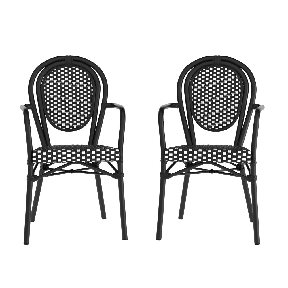 FLASH FURNITURE 2SDA6422ABKWBK  2 Pack Lourdes Indoor/Outdoor Commercial Thonet Bistro Stacking Chair with Arms, PE Rattan and Aluminum Frame, Black & White/Black Frame