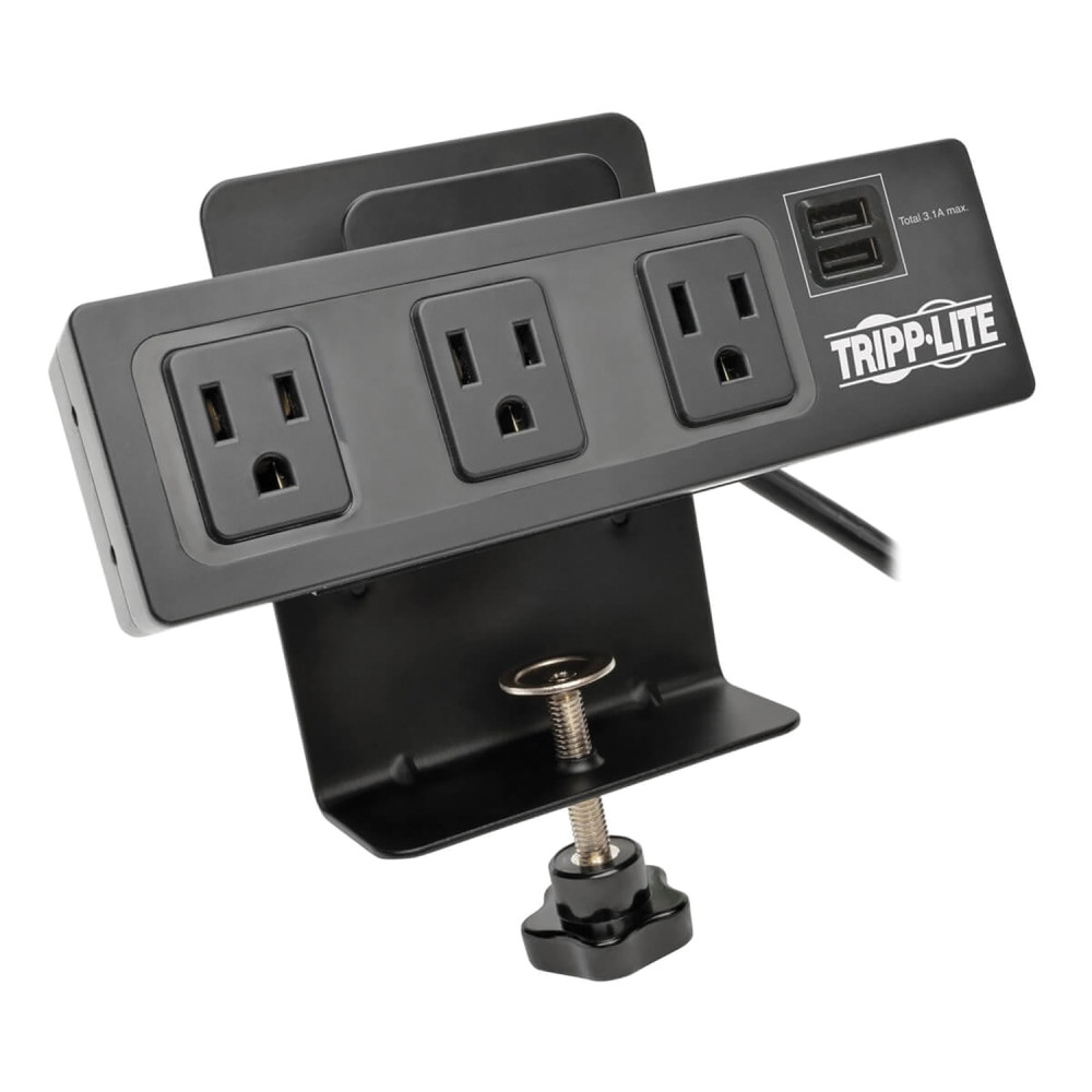 Protect your favorite devices with a Tripp Lite Protect It! TLP310USBC 3-Outlet Surge Protector With 2 USB Ports & Desk Clamp. This durable cord secures to a desk clamp for secure attachment.  Provides protection against surges, spikes and EMI/RFI line noise.  Includes 3 NEMA 5-15R outlets and 2 USB charging ports with 3.1 amp total.  Offers 510 Joules of protection.  Top storage shelf accommodates smaller mobile devices during charging.  Attaches permanently to an adjustable clamp that fits most desks, tables and workstations.  Includes a desk clamp, mounting hardware and owners manual.  Backed by the manufacturers limited lifetime warranty.  Helps save energy - designed to limit the energy used by other products, potentially helping you reduce your carbon footprint and save money.