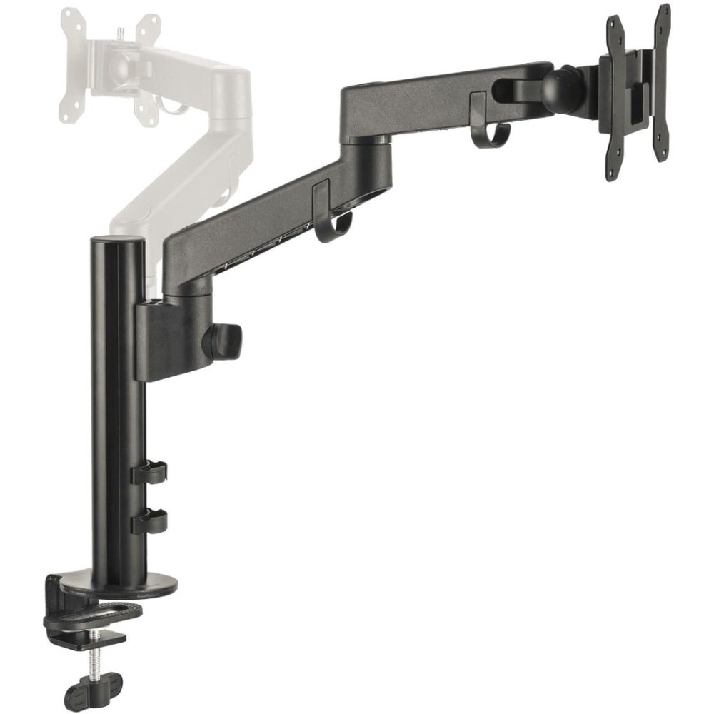 Sturdy mounting pole accomodates up to 4 mounting arms.  Additional mounting arms sold separately  Height adjustment knob easily controls monitor arm height adjustment range from 9.6 to 17.7 inches  Supports monitors from 14in to 30in screen size (measured diagonally) and weighing up to 17.6 lbs (8 kg)  Compatible with VESA mounting patterns 75x75, 100x100  Quick release VESA mount for easy monitor installation and removal  Features both C-Clamp and Grommet style desk mounting options  Premium quality durable single arm desktop mount provides smooth, precise and effortless viewing angle adjustments (tilt, swivel, pan, rotation, height) for perfect ergonomic position