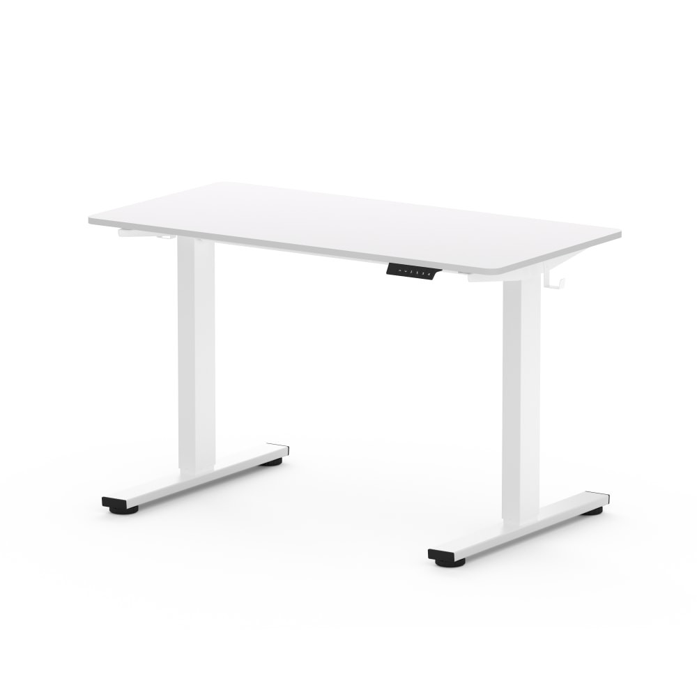 Upgrade your office space with a FlexiSpot E2 Electric 42inW Adjustable Height Standing Desk. Easily raise and lower the height of your desktop with the push of a button to accommodate sitting or standing work. This compact desk is equipped with 2 accessory hooks for headphones, chargers, bags and more.  Durable steel construction.  Height-adjustable desk raises and lowers between 29-1/8in and 46-5/8in.  Equipped with 4 memory pre-sets to quickly adjust to your preferred settings.  Single motor.  Includes 2 accessory hooks.  Assembly required.  Backed by the manufacturer's 5-year limited warranty.  This product is heavy and/or oversized and may need more than one person to handle.