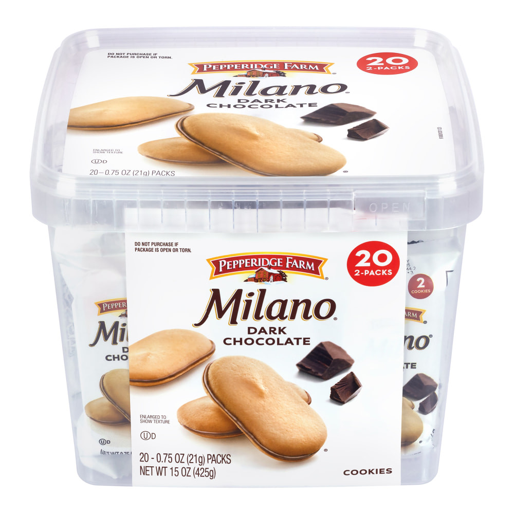 When you canT make yoga, when you have 10 minutes before getting the kids from school, when you just need a little me-time, Pepperidge Farm Milano Dark Chocolate Cookies are there for you. Delicate, sweet and oh, so indulgent, Milano cookies are that special treat your day needs - your me-time must-have. Pepperidge Farm Milano Dark Chocolate Cookies have rich dark chocolate as the classic version between crisp baked cookies. These 2-cookie packs make it easy to take Milano with you for a midday snack at work, at the gym or in the carpool lane. The recipe combines carefully selected, quality ingredients with the skill and care of creative bakers for results that are simply delicious. Milano cookies are beautifully crafted because, for Pepperidge Farm, baking is more than a job, its a real passion. Each day, the Pepperidge Farm bakers take the time to make every cookie, pastry, cracker, and loaf of bread the best way they know how by using quality ingredients. So go ahead and indulge. You deserve it!  0.75 oz, 20 pk  Enjoy rich chocolate between crisp baked cookies  Two cookies per single-serving snack packs make it easy to take Milano cookies with you anywhere  Pepperidge Farm bakers take the time to bake each Milano cookie with care and quality ingredients