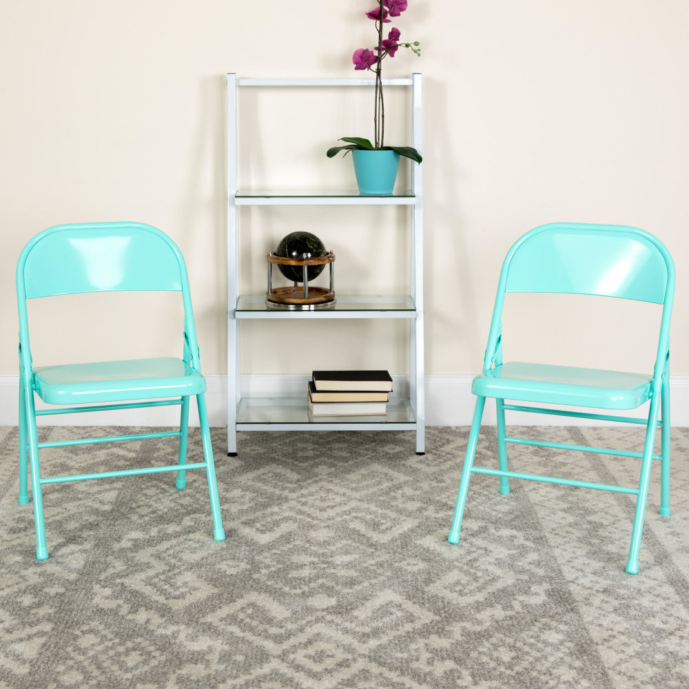 FLASH FURNITURE 2HF3TEAL  HERCULES COLORBURST Series Triple-Braced & Double-Hinged Metal Folding Chairs, Tantalizing Teal, Pack Of 2 Chairs