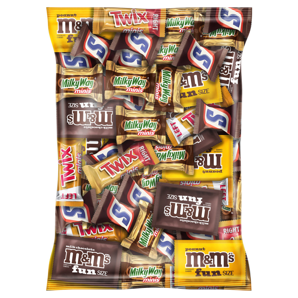 Liven the office with a MARS Chocolate Favorites Minis Candy Bars Variety Bag. It contains an assortment of mini SNICKERS, M&Ms, MILKY WAY and TWIX Chocolate Candy. The candies are individually wrapped, making them good for a grab-and-go bowl at the front desk.  Filled with fun size and mini SNICKERS, M&Ms Milk Chocolate, M&Ms Peanut, MILKY WAY and TWIX Chocolate Candy.  Individually wrapped for sharing and grab-and-go snacking.  Trans-fat free.