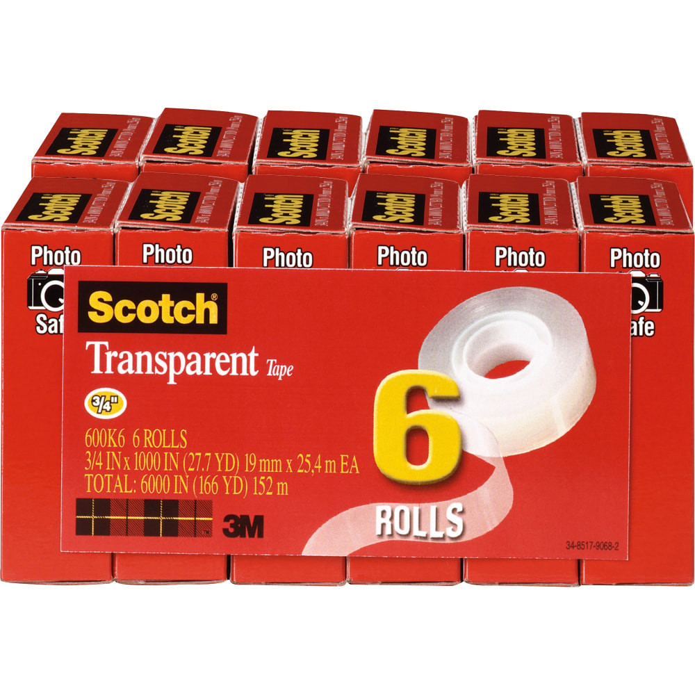 3M CO 600K6BD Scotch Transparent Tape, 0.75in x 83.34ft, Clear, Pack Of 12 Rolls
